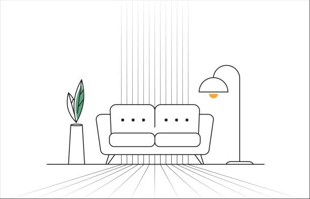 ilustraciones, imágenes clip art, dibujos animados e iconos de stock de ilustración de línea vectorial con sofá, lámpara de pie y flor. - living room