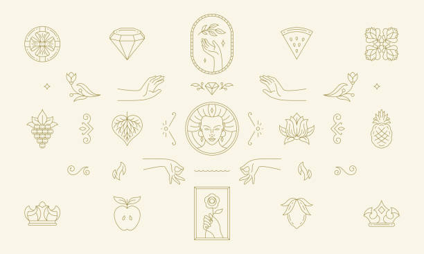 Vector line women decoration design elements set - women face and gesture hands illustrations minimal linear style Vector line women decoration design elements set - women face and gesture hands illustrations minimal linear style. Bundle mystical outline graphics for logo emblems and product branding hand designs stock illustrations