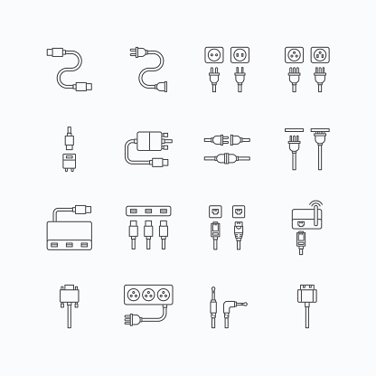 vector linear web icons set - cable wire computer and electricity plug collection of flat line design elements.