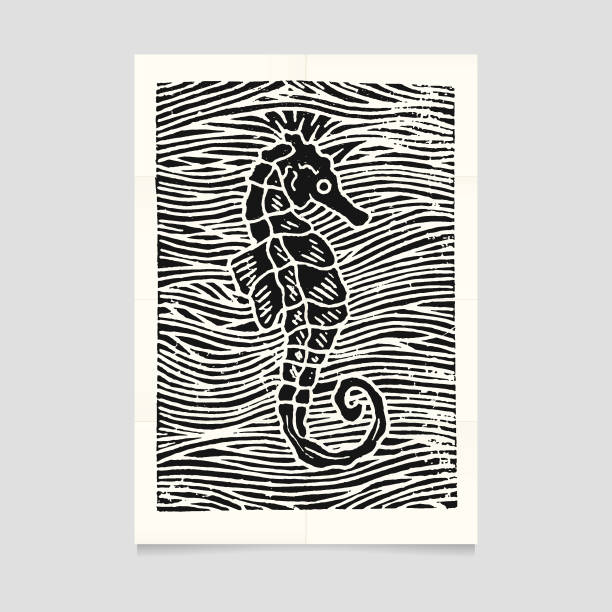 Vector linocut sea horse illustration on folded paper Vector linocut sea horse illustration on folded paper carving craft product stock illustrations