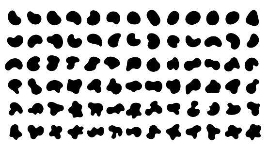 Vector liquid shadows random shapes. Black cube drops simple shapes.