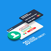 Vector login username and password internet payment concept with bank credit card, modern isometric flat style design