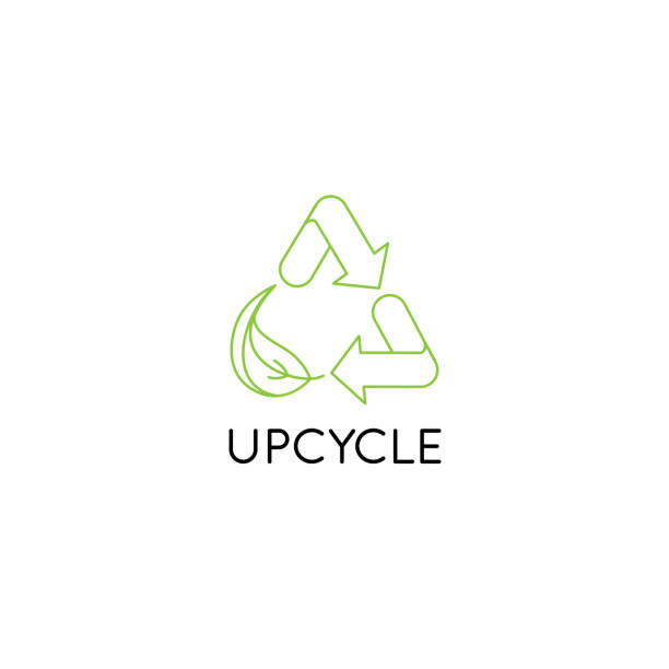 Vector logo design template and emblem in simple line style - upcycle Vector logo design template and emblem in simple line style - upcycle - recycle symbol with leaf - sustainable development concept upcycling stock illustrations