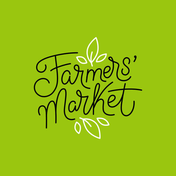 ilustraciones, imágenes clip art, dibujos animados e iconos de stock de plantilla de diseño de vector logo y frase del mano-deletreado - mercado de agricultores - farmers market