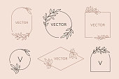 istock Vector logo design template and monogram concept in trendy linear style - floral frame with copy space for text or letter 1149748892