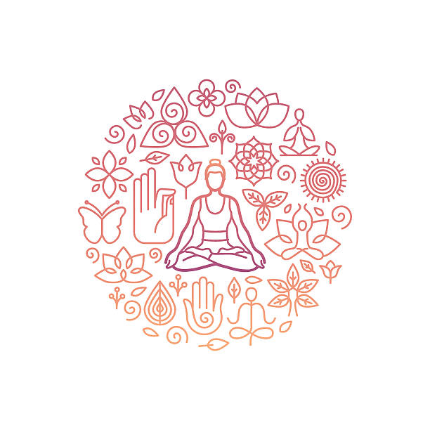 Vector logo design template - emblem for yoga class Vector logo design template in trendy linear style with icons and signs - emblem for yoga class, holistic healing centers, meditation practice and course yoga designs stock illustrations