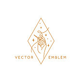 Vector logo design template in linear style - handmade embroidery and fashion - hand holding a needle with thread