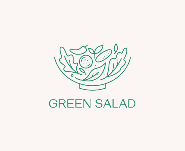 간단한 선형 스타일의 벡터 로고 디자인 템플릿 - 녹색 샐러드 엠블럼 - 건강한 신선한 음식 기호 - 샐러드 stock illustrations
