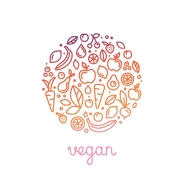 Vector logo design template in trendy linear style Vector logo design template in trendy linear style with icons and signs - emblem for vegan and organic product packaging - fruits, vegetables and berries smoothie designs stock illustrations