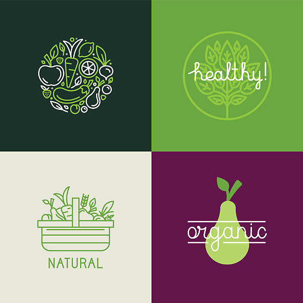 Vector logo design template Vector logo design template with fruit and vegetable icons in trendy linear style - abstract emblem for organic shop, healthy food store or vegetarian cafe smoothie backgrounds stock illustrations