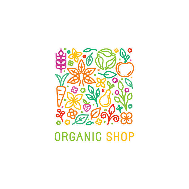 Vector logo design template with fruit and vegetable icons Vector logo design template with fruit and vegetable icons in trendy linear style - abstract emblem for organic shop, healthy food store or vegetarian cafe smoothie silhouettes stock illustrations