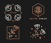 Vector logo design templates and monogram design elements in simple minimal style with roses and copy space for text - geometrical abstract emblems and signs
