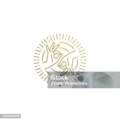 istock Vector logo of female hands doing Gyan Mudra in circle hand drawn with thin lines 1254800319
