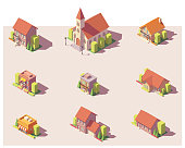 Vector low poly isometric city buildings, houses and stores set