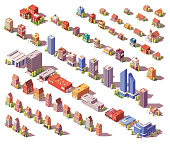 Vector low poly isometric modern and old city buildings, houses and stores set
