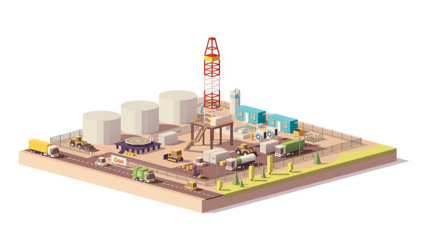 Vector low poly land oil and gas drilling rig Vector low poly land oil or gas drilling rig and related machinery and structures oil refinery factory stock illustrations