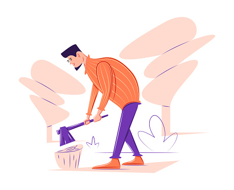 Vector lumberjack chopping wood in shadow of sharp lines style