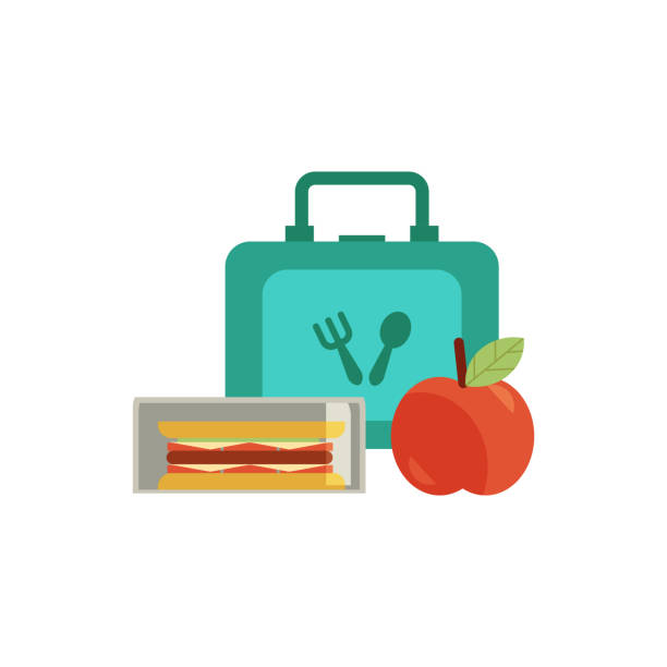 Vector lunchbox with snacks, vegetables Lunchbox with cheese sandwich, tomato slices, apple fruit drink in bottle, schoolbag for school day. Dinner lunch container with snacks, meals homemade food. Vector isolated illustration lunch box stock illustrations