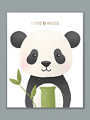 Vector Luxury Cartoon Animal Illustration Card Design for Birthday Celebration, Welcome, Event Invitation or Greeting. Panda with Bamboo Gift.