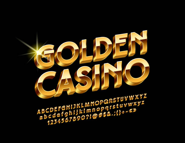 Vector Luxury Emblem Golden Casino with Chic 3D Alphabet Glossy bright Letters, Numbers and Symbols stereoscopic image stock illustrations