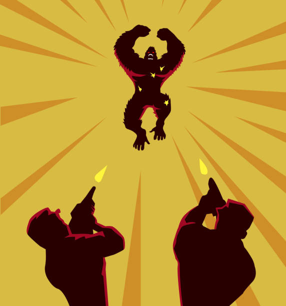Vector Mad Gorilla Silhouette A silhouette style illustration of a mad gorilla attacking two soldiers. king kong monster stock illustrations