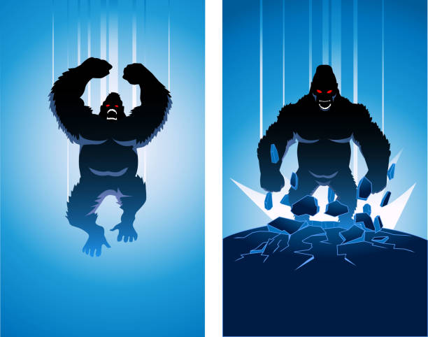 Vector Mad Gorilla Super Villain Silhouette Two vector silhouette illustrations of a mad gorilla jumping and smashing the ground. Easy to pick and edit. king kong monster stock illustrations