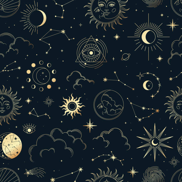 별자리, 태양, 달, 마법의 눈, 구름과 별 벡터 마법 원활한 패턴. - tarot stock illustrations
