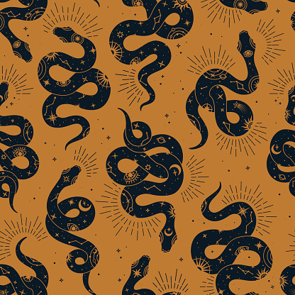 Vector magic seamless pattern with snake with signs sun, moon, magic eyes, constellations and stars.