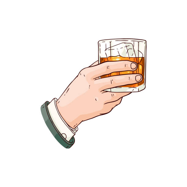 Vector man hand with whiskey or rum glass icon Vector businessman hand holding whiskey or rum glass with ice cubes sketch icon. Alcohol drink cup for luxury celebration or product advertising design. Party drink shot with orange liquid alcohol drink clipart stock illustrations