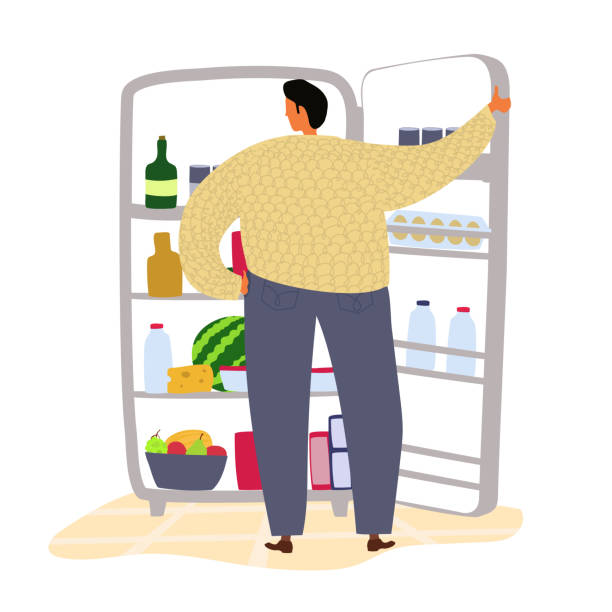 stockillustraties, clipart, cartoons en iconen met vector man op zoek naar de koelkast met eten. voedsel keuze illustratie - fridge