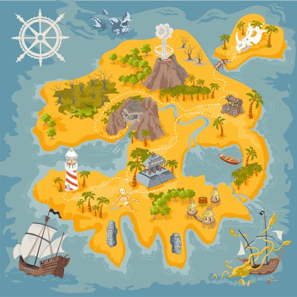Vector map elements of fantasy pirate island in colorful illustration and hand draw of mystery realm Hand drawn pirat bay rebuilt as an island of  fantasy island stock illustrations