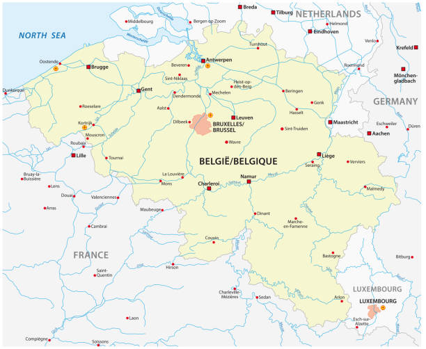 vector map of belgium with main cities vector map of belgium with main cities traffic borders stock illustrations