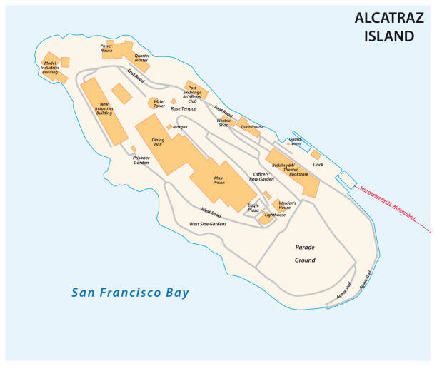 illustrazioni stock, clip art, cartoni animati e icone di tendenza di mappa vettoriale delle california ex isola prigione alcatraz - alcaraz