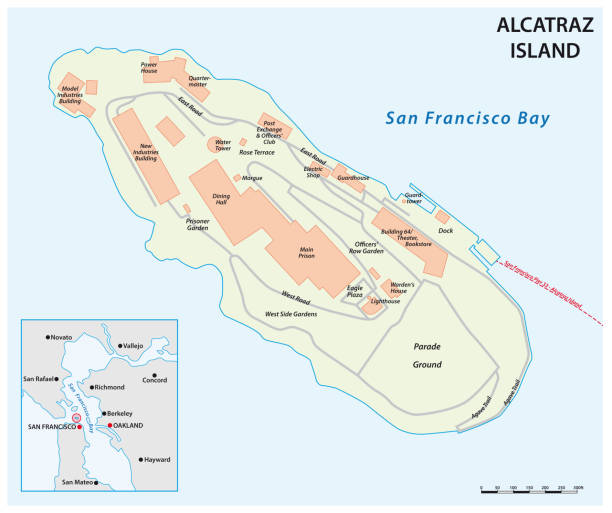 illustrazioni stock, clip art, cartoni animati e icone di tendenza di mappa vettoriale delle california ex isola prigione alcatraz - alcaraz