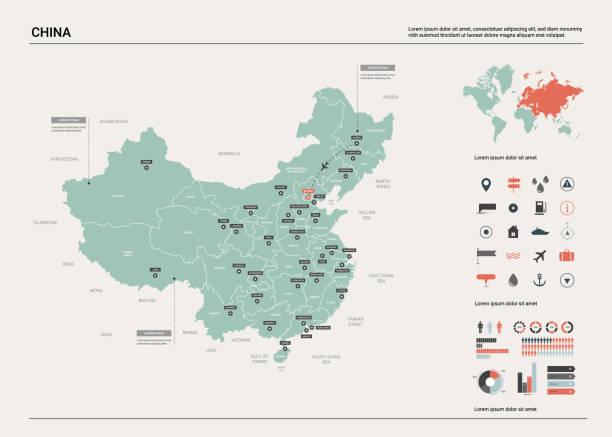 中國向量圖。與師、城市和首都北京的詳細國家地圖。政治地圖, 世界地圖, 資訊圖元素。 - china 幅插畫檔、美工圖案、卡通及圖標