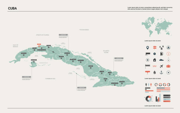 쿠바의 벡터 지도입니다. 디비전, 도시 및 자본 하바나와 높은 상세한 국가 지도. 정치 지도, 세계 지도, 인포 그래픽 요소. - cuba stock illustrations