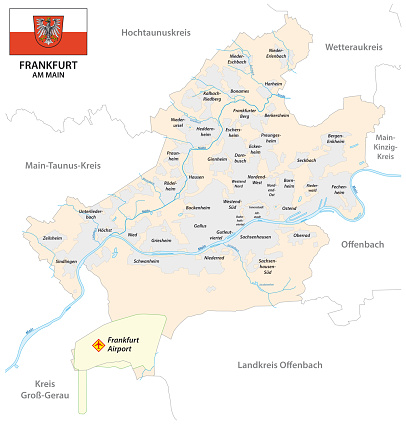 vector map of Frankfurt with all districts and flag, Germany