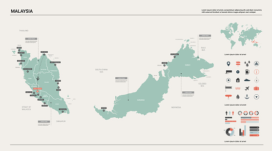 Vector map of Malaysia. Country map with division, cities and capital Kuala Lumpur. Political map,  world map, infographic elements.
