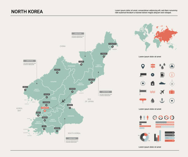 북한의 벡터 지도입니다. 디비전, 도시, 수도 평양을 포함 한 높은 상세 국가 지도 정치 지도, 세계 지도, 인포 그래픽 요소. - north korea stock illustrations