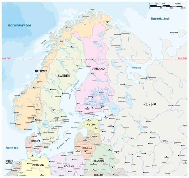 illustrazioni stock, clip art, cartoni animati e icone di tendenza di mappa vettoriale del nord europa con grandi città e corpi idrici - finlandia laghi