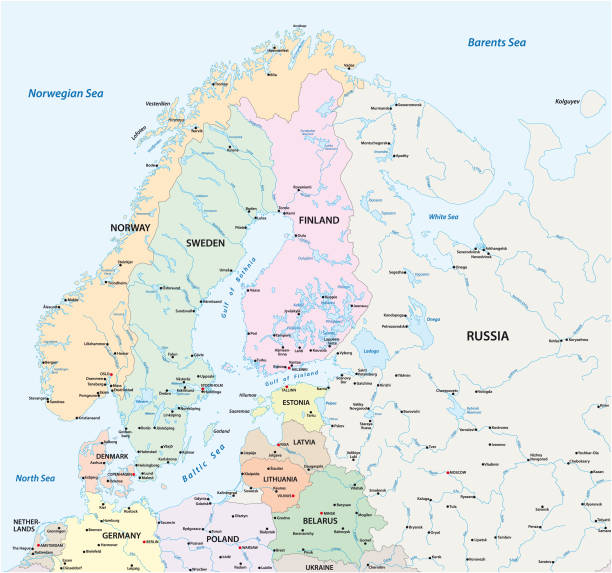 stockillustraties, clipart, cartoons en iconen met vector kaart van noord-europa met de belangrijkste steden en organismen van water - finland