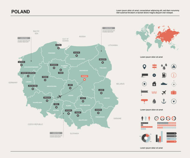 폴란드의 벡터 지도입니다. 디비전, 도시 및 자본 바르샤바와 국가 지도. 정치 지도, 세계 지도, 인포 그래픽 요소. - 폴란드 stock illustrations