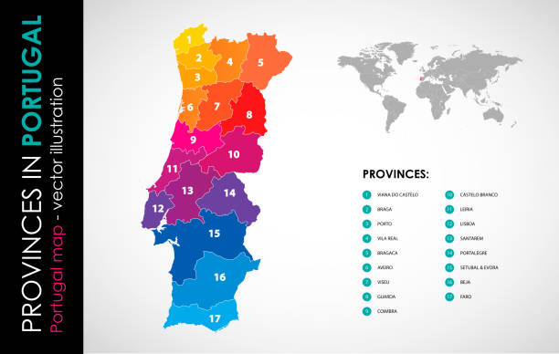 ilustrações de stock, clip art, desenhos animados e ícones de vector map of portugal and provinces color - braga