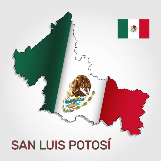 ilustraciones, imágenes clip art, dibujos animados e iconos de stock de mapa vectorial del estado de san luis potosí combinado con ondeando la bandera nacional mexicana - vector - san luis potosi