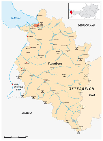 Vector map of the Austrian federal state of Vorarlberg in German