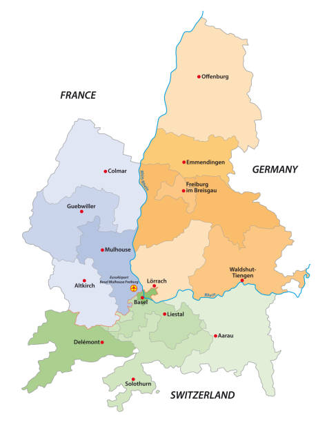 векторная карта европейского экономического региона региотрирена, франция, швейцария и германия - freiburg stock illustrations