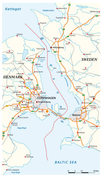 ilustrações de stock, clip art, desenhos animados e ícones de vector map of the oresund waterway between sweden and denmark - malmo