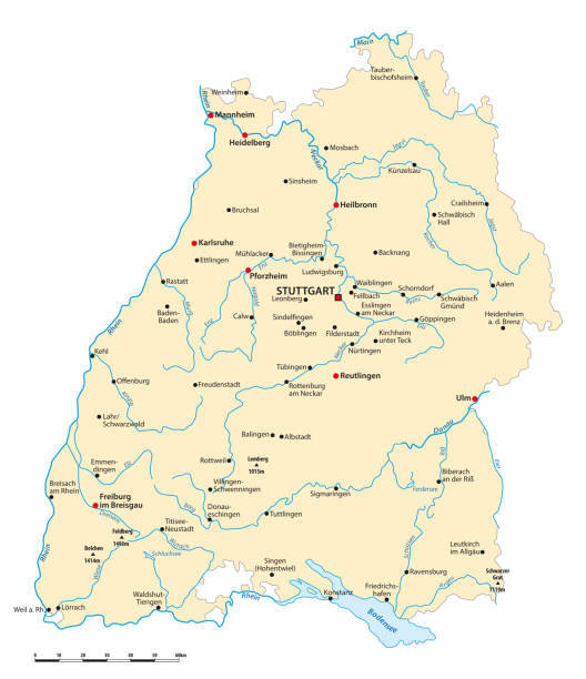 vektorkarte des landes baden-württemberg mit großstädten, deutschland - freiburg stock-grafiken, -clipart, -cartoons und -symbole