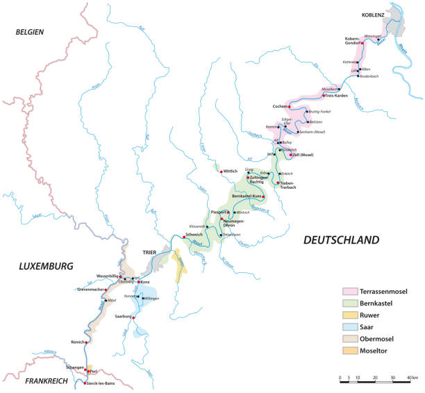 독일 모젤 강와인 재배 지역의 벡터 맵 - 라인란트팔츠 주 stock illustrations