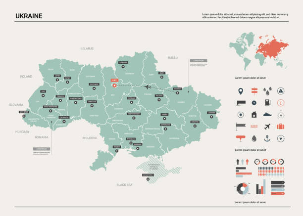 우크라이나의 벡터 지도입니다. 디비전, 도시 및 자본 키예프와 국가 지도. 정치 지도, 세계 지도, 인포 그래픽 요소. - ukraine stock illustrations